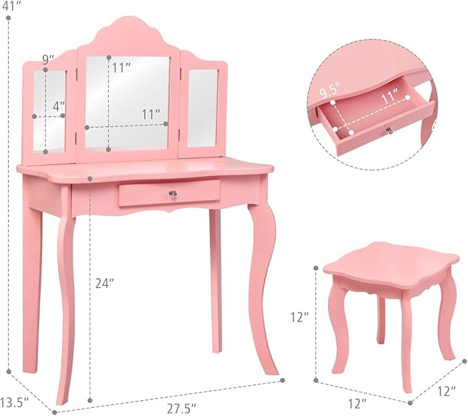 Costzon Kids Wooden Vanity Table & Stool Set, 2 in 1 Detachable Design with Dressing Table and Writing Desk, Princess Makeup Dressing Table with Two 180° Folding Mirror, for Girls, Kids (Pink)