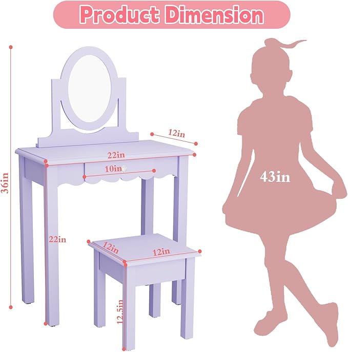 HLR Kids Vanity, Girls Vanity Set with Mirror and Stool, Wooden 2 in 1 Princess Makeup Desk Dressing Table with Detachable Top, Toddler Vanity Dresser Set with Drawer for Little Girls, Purple