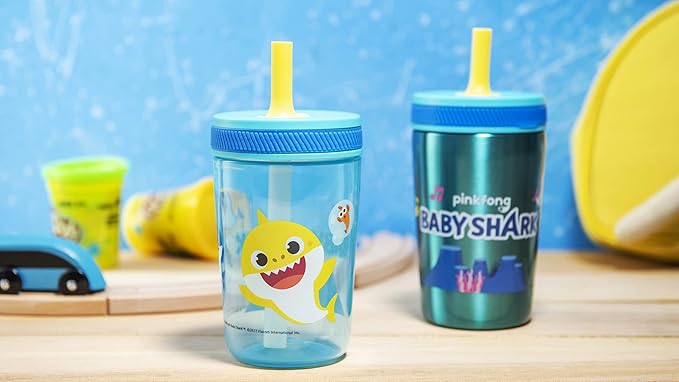 Zak Designs Baby Shark Kelso Tumbler Set, Leak-Proof Screw-On Lid with Straw, Bundle for Kids Includes Plastic and Stainless Steel Cups with Bonus Sipper (3pc Set, Non-BPA)