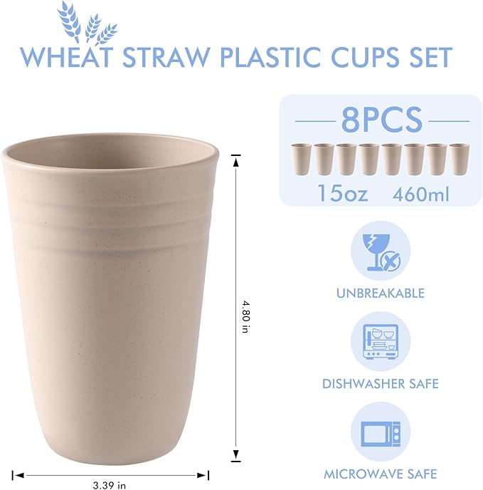 HOTEC 8-Pack 15oz Plastic Cups, BPA-Free Reusable Drinking Cup set, Unbreakable Tumblers, Dishwasher Safe Water Plastic Glasses, Khaki