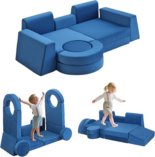 13Pcs Modular Kids Play Couch Toddler Couch Kids Sofa Playroom Furniture Convertible Foam and Floor Cushion Highly Elastic Foam for Boys and Girls (Blue)