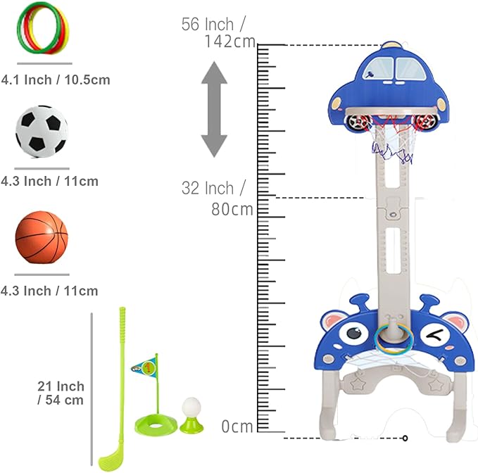 5 in 1 Adjustable Height Sports Center for Toddler 3-5, Indoor Toy Set with Basketball Hoop Soccer Golf Hoops Dart, Best Sports Toys (Blue, Basketball + Soccer + Golf + Hoops + Dart)