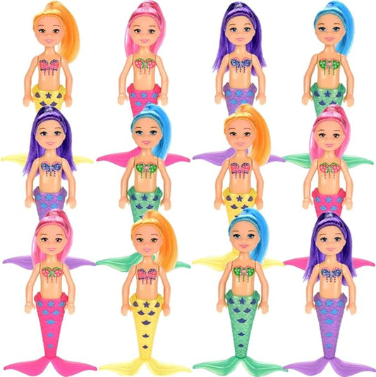 12 Pack Mermaid Dolls Pretend Playset - 6" Mini Figures Toy Bundle Set with Removable Accessories - Ideal for Kids, Girls, Party Favors and Imaginative Playtime
