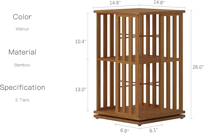 YOWOS Rotating Bookshelf Tower, 360° Spinning Bookcase Bamboo Floor Standing Storage Rack, Narrow Book Shelf Organizer for Kids & Adults, Small Space Bookshelf (Walnut, 2 Tier)