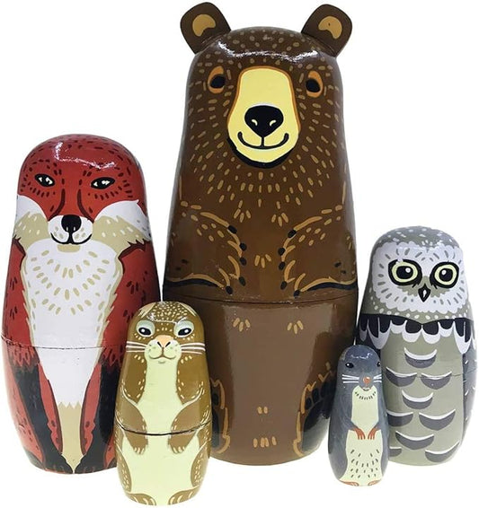 Nesting Dolls-Brown Cartoon Owl Bear Fox Raccoon Russian Nesting Dolls Wooden Matryoshka Doll Handmade Stacking Toy Set 5 Pieces for Kids