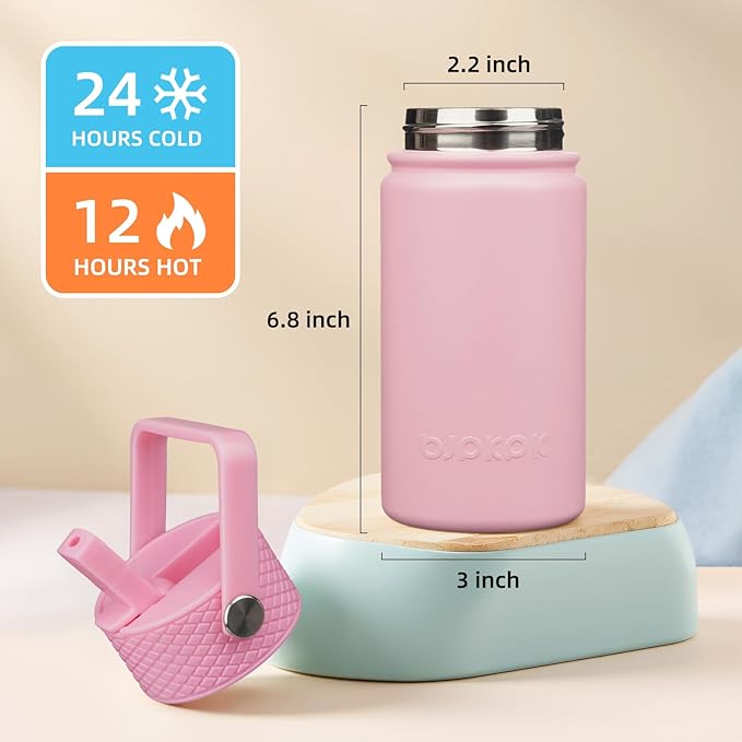 BJPKPK Insulated Water Bottle with Straw Lid, 15oz Cute Water Bottles, Stainless Steel Metal Thermo, Reusable BPA Free Leak Proof Tumblers, Cups,Pink