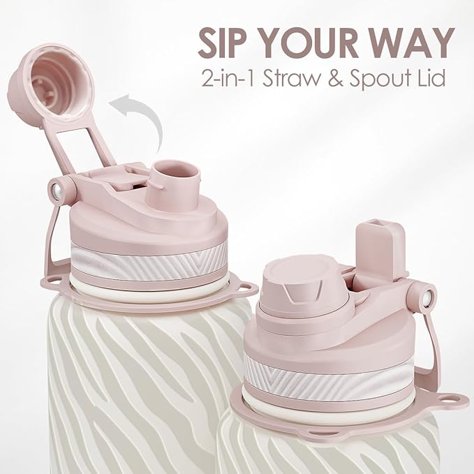 SANDJEST Zebra Skin Stainless Steel Water Bottle with Strap 32oz, Insulated Bottles with Straw and Spout Lid for Gym Sports Travel Outdoor, Gifts for Women Girls Birthday Christmas