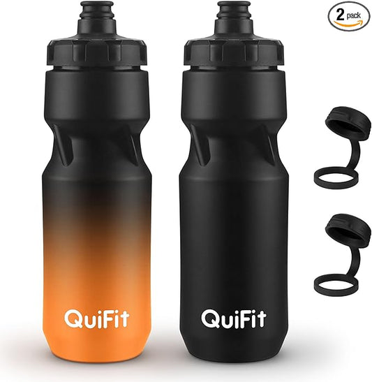 QuiFit Cycling Water Bottle 24oz, 2 Pack Sports Water Bottle BPA Free, Leakproof, Lightweight, With Dust Cap, Fits for Most Bike Drink Holder, for Biking, Running, Travel(Black+Black Orange, 24oz)