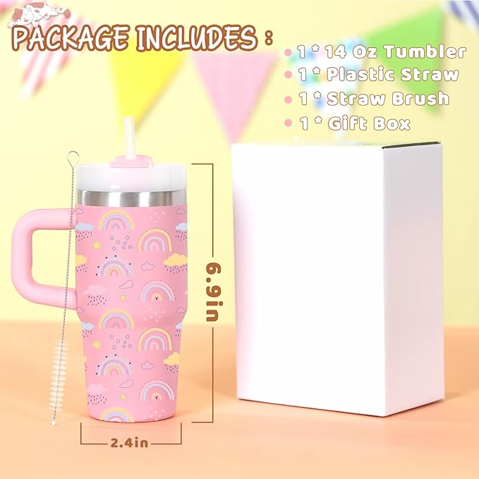 Cosictic 14 Oz Rainbow Tumbler with Handle and Straw for Kids, Stainless Steel Insulated Rainbow Cup for Children, 14 Oz Cups for Kids (Pink)