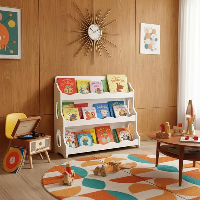 Kids Bookshelf Wooden Montessori Book Shelf Dutch Design 3Tier Scalloped White Gift