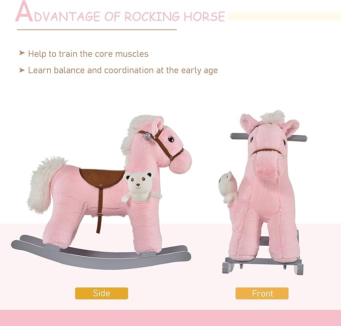 Qaba Kids Plush Ride-On Rocking Horse with Bear Toy, Children Chair with Soft Plush Toy & Fun Realistic Sounds, Pink