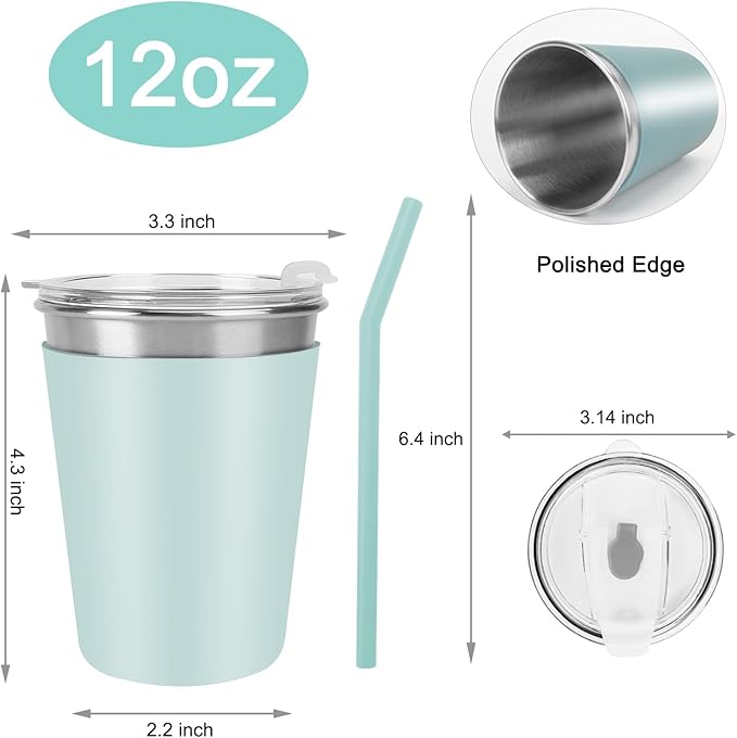 Ymmy Sam 2pcs Stainless Steel Cups with Silicone Straws, 12oz Spill-proof Tumblers Dishwasher Safe Unbreakable Metal Cups with Heat-insulated Sleeves for Cold and Hot Drinks