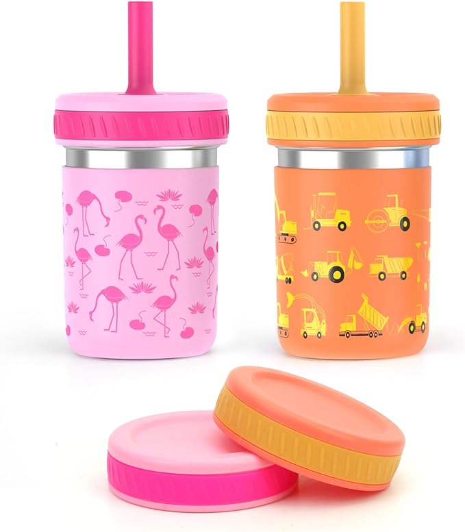 Sursip Toddlers Sippy Cups Stainless Steel Kids Cups with Straws and Lids | Spill-Proof Tumbler Drinks & Snacks, Smoothie Cups, BPA-Free, Dishwasher Safe,2 Packs