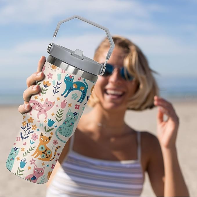 30 Oz Cat Flip StrawTumbler Lid and Straw,Funny Cat leakproof Insulated Stainless Steel Travel Coffee Cup Mugs Water Bottle,Cat Gifts for Cat Lovers