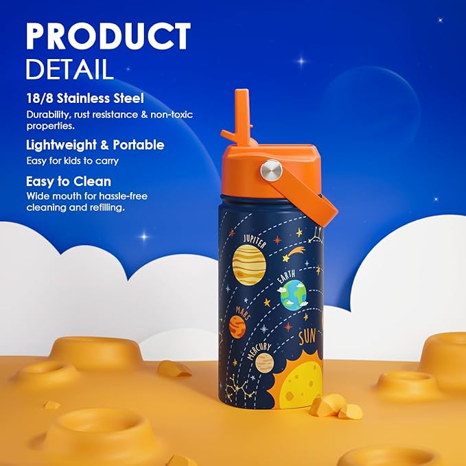 Solar System Kids Water Bottle With Straw Lid 12oz Insulated Stainless Steel, Travel Tumbler, Gifts For Boys, Birthday, Christmas, Back To School