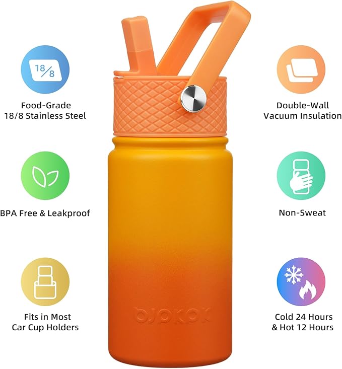 BJPKPK Insulated Water Bottle with Straw Lid, 15oz Cute Water Bottles, Stainless Steel Metal Thermo, Reusable BPA Free Leak Proof Tumblers, Cups,Sunset Orange