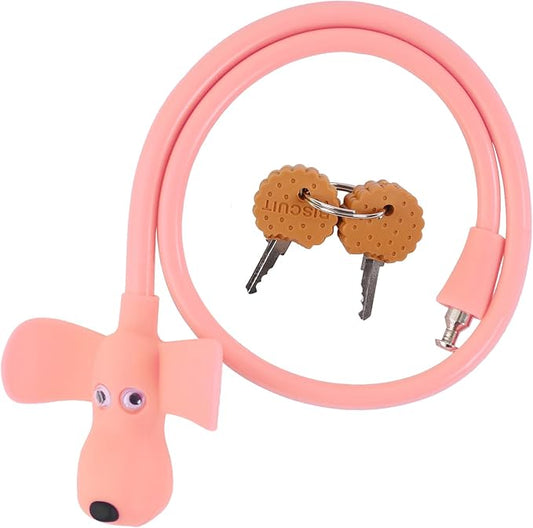 Bike Cable Lock with Keys,Silicone Covered Kids Cable Lock Cartoon Lock,2 Feet Lock for Bike,Door,Skateboard,Helmet and More(Light Pink, Large)