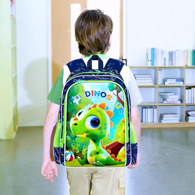 16" Dinosaur Backpack, 3Pcs Boy Bookbag for Elementary Preschool Kindergarten, Kids School Backpacks with Lunch Box (Green)