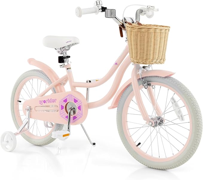 BABY JOY Kids Bike, 14 16 18 Inch Retro Kids Bicycles for 3-8 Years Old Children with Training Wheels, Adjustable Height, Rattan Basket, Handbrake & Coaster Brake, Boys Girls Bike (Pink, Green, Blue)
