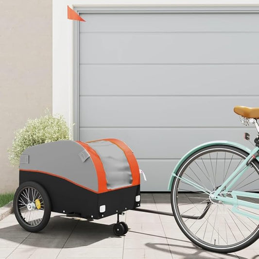 Bike Wagon Trailer, Bike Cart with Safety Flag, Bike Trailer Bicycle Cargo Trailer, Black and Orange 99.2 lb Iron, 24.8"x49.6"x24.8"