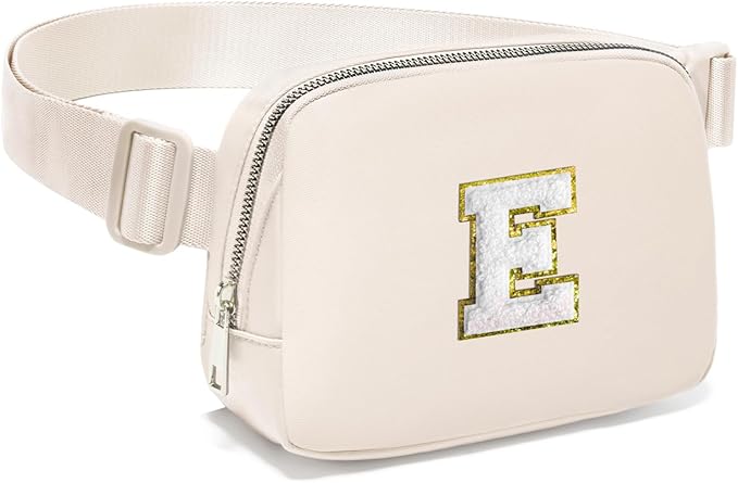 Gitus Birthday Gifts for 8 9 10 11 12 13 Year Old Girls Personalized Fanny Pack Crossbody Bags with Initial Letter Patch Belt Bag for Teen Girls Cute Trendy Stuff Travel Essentials (Ivory-E)