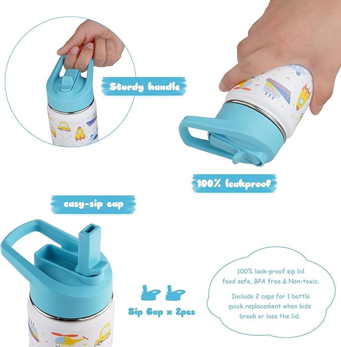 16 oz Stainless Steel Insulated Kids Water Bottle, Leak Proof Metal Thermal Flask with Straw lid, Cute Toddler Tumbler Cup for School Girls & Boys (White, Vehicle)
