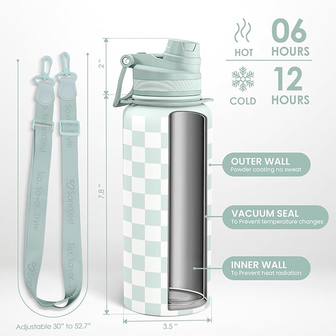 SANDJEST Checker Stainless Steel Water Bottle with Strap 32oz, Insulated Bottles with Straw and Spout Lid for Gym Sports Travel Outdoor, Gifts for Women Girls Birthday Christmas