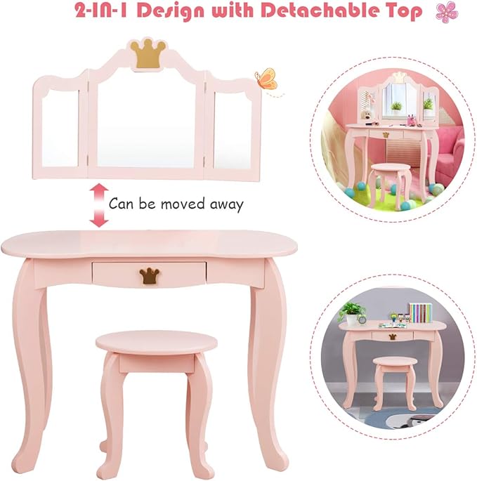 Costzon Kids Vanity Table and Chair Set, Princess Makeup Dressing Table with Drawer & Tri-Folding Mirror, 2 in 1 Vanity Set with Detachable Top, Pretend Beauty Play Vanity Set for Girls (Pink)