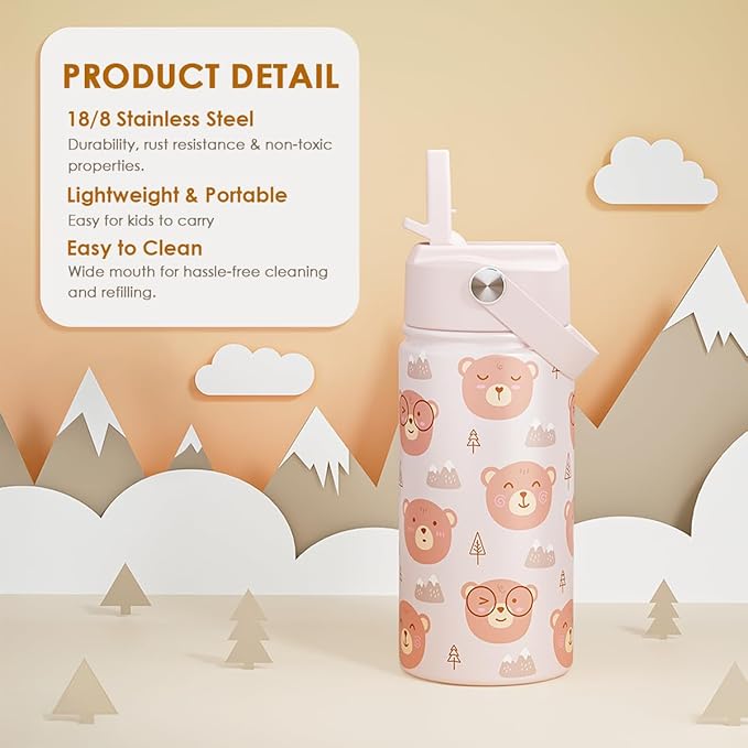 Bear Kids Water Bottle With Straw Lid 12oz Insulated Stainless Steel, Travel Tumbler, Bear Gifts For Boys Girls, Birthday, Christmas, Back To School