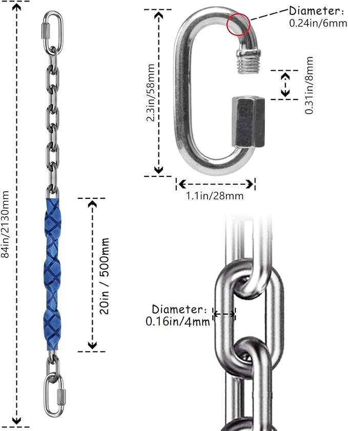 2 Stainless Steel Chains (84") Swing Chains, Heavy Duty Swing Hardware,4 Quick Connection Buckles, Indoor and Outdoor Playground Swings, hammocks, sandbags, 1000 lb Capacity Blue