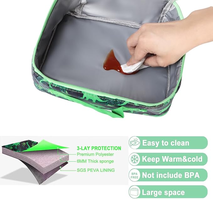 Bento Box for Kids Lunch Box Set with Reusable Kids Pouches Lunch bag Cute Toddler boys Lunch Cooler Organizer Lunch Tote (Green Dinosaur blunch bag+lunch box)