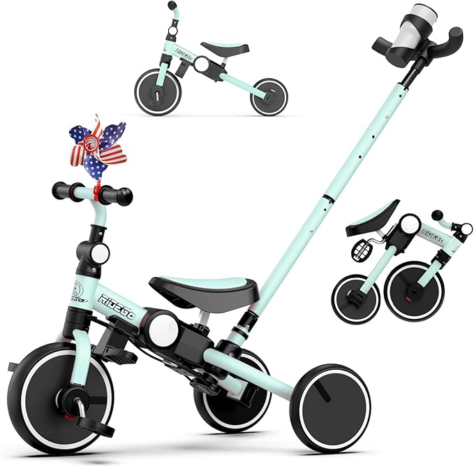 Ridego 5-in-1 Toddler Tricycle for Toddlers 1–3, Foldable Push Trike with Parent Handle & Cup Holder, Adjustable Seat, Balance Bike Mode & EVA Wheels, Great Bike Gift for Kids 2–5, Green