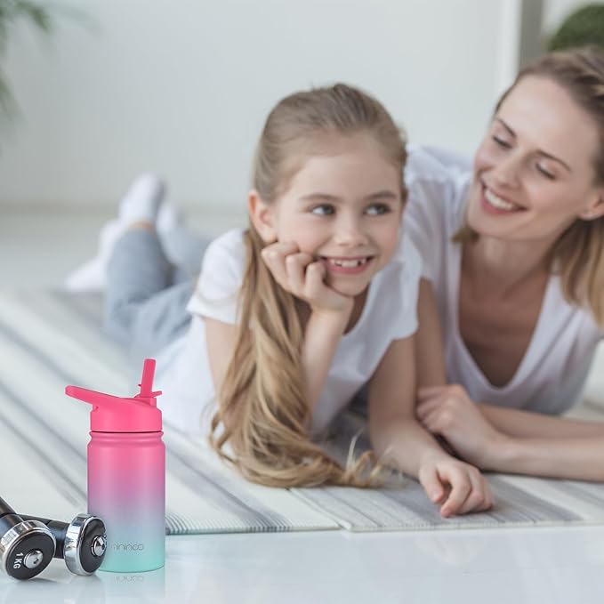 Mininoo Insulated Kids Water Bottle, 12 oz Stainless Steel Water Bottle Kids with Straw Lid and Chug Lid for Girls, Boys (Punch/Green)