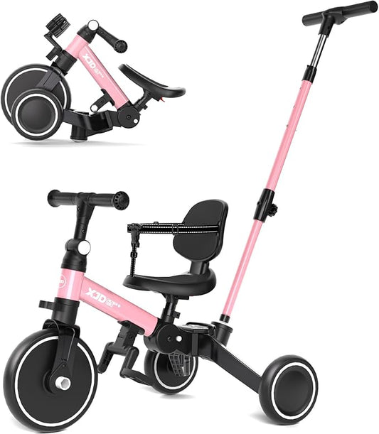 XJD Toddler Bike, 6 in 1 Folding Toddler Tricycle for 1-4 Year Old with Parental Control Handle, Balance Bike with Removable Pedal, Backrest, Adjustable Seat and Handle, First Birthday Gifts (Pink)