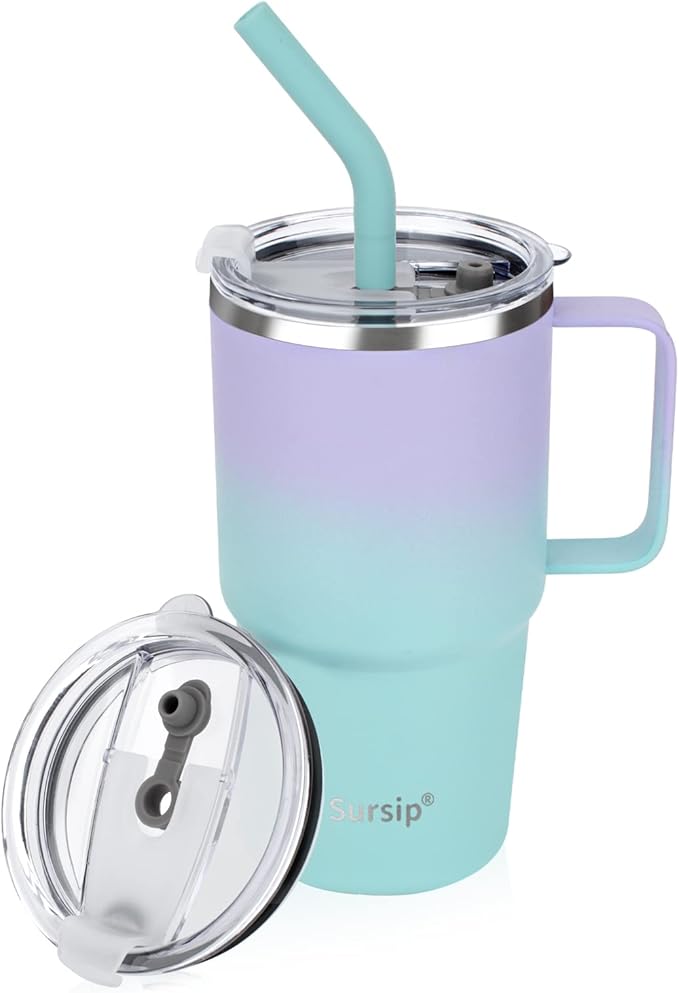 Sursip Kids 24 oz Insulated Cup with Handle, Toddler Double Wall Vacuum Stainless Steel Tumbler with Straw and 2 Lids, For Cold/Hot Drinks, School Mug for Toddler Girls and Boys (PurpleBlue-1 Pack)