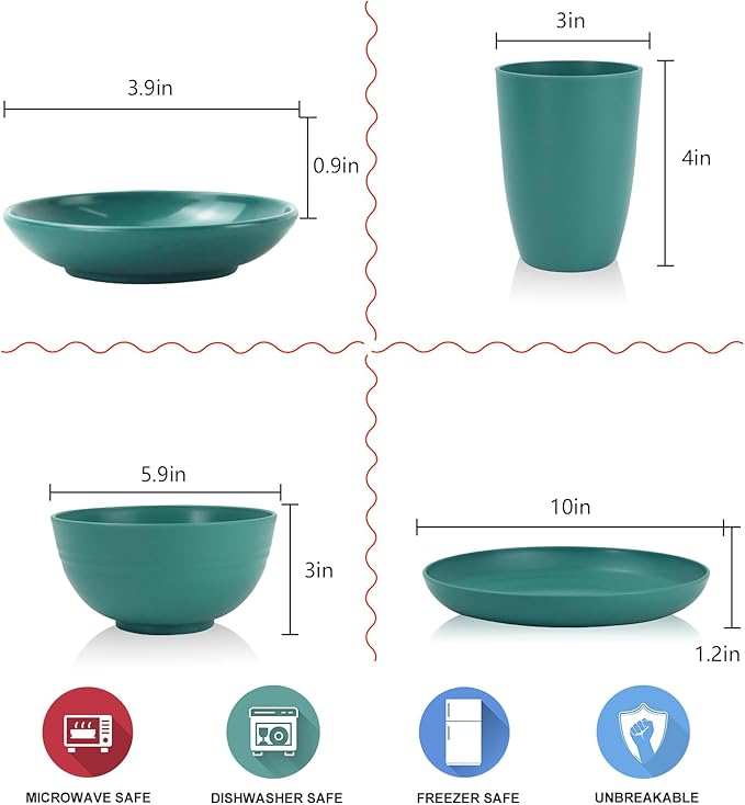 Wrova wheat straw bowls,plates,cups and cutlery sets 28 pcs - Dishwasher safe dish sets for kitchen, camping, indoors and outdoors.Green