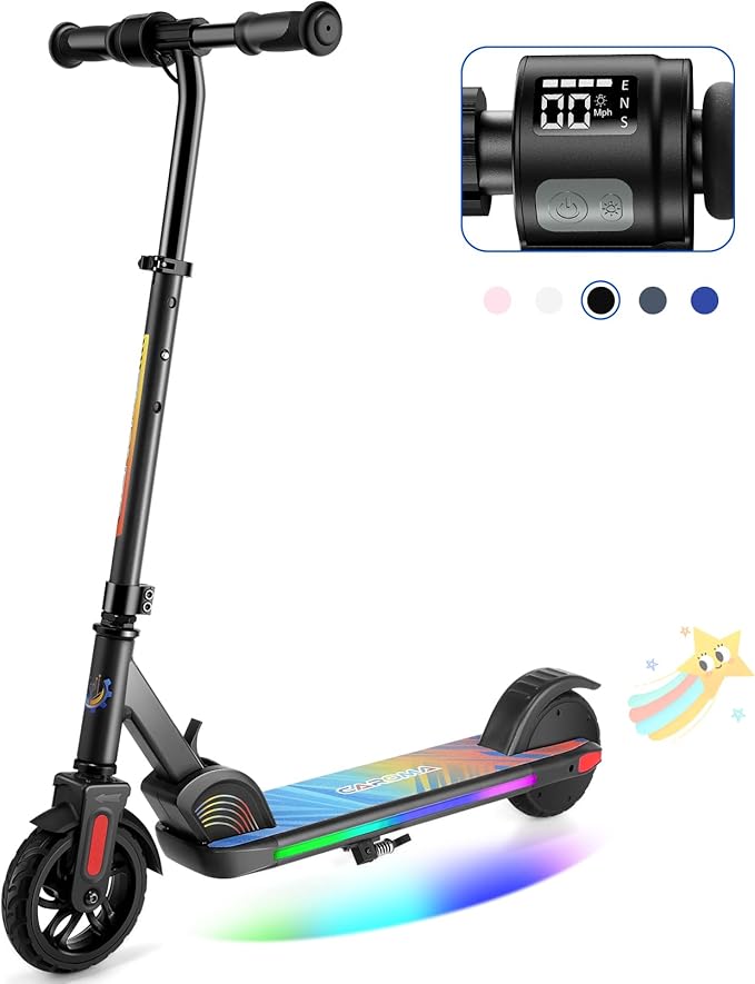 Caroma Electric Scooter for Kids Ages 6-14, 180W/150W Motor & 10 Mph, 85 Mins Ride Time, Adjustable Height & Speed, LED Display & Colorful Lights, Kids Electric Scooter, Best Gifts for Girls and Boy