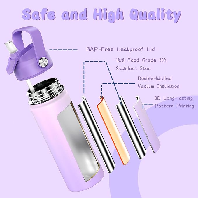 18oz Kids Insulated Water Bottle with Straw Lid - 18/8 Stainless Steel Kid Cup BPA-FREE Travel Tumbler Double Wall Vacuum Leak Proof Portable Toddler Water Bottle (Purple）