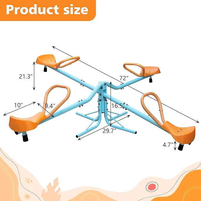 360 Degree Rotation Seesaw Swivel Teeter-Totter, 2/3/4 Seats Sit and Spin Outdoor Playground Equipment for Kids, Toddlers, Boys, Children (Orange-4 Seats)