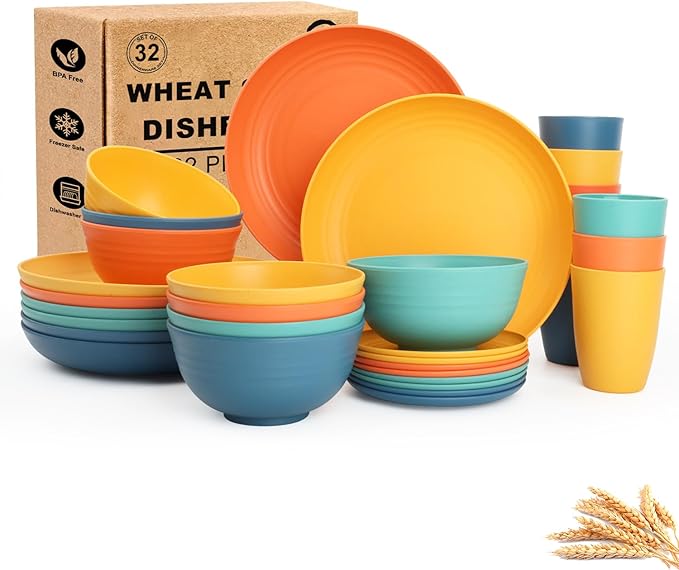 Wheat Straw Dinnerware Sets for 8, Unbreakable Plates and Bowls Sets for 8, 32-Piece Dishes Set, Microwave Safe Plastic Plates Reusable, Cups and Bowls Sets for Kitchen, Outdoor - Multi
