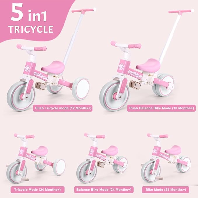 XIAPIA Tricycle for Toddlers 1-3 Year Olds, 5 in 1 Toddler Balance Bike with Removable Pedal, Push Trike Toys with Adjustable Pushrod for 2 3 4 5 Year Old Boys & Girls, Birthday Gifts for Kids