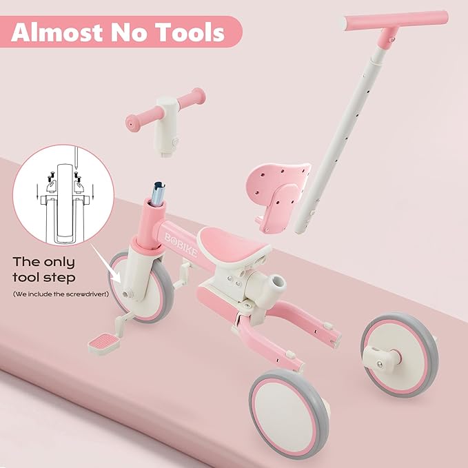 5-in-1 Tricycle for Toddlers 18 Months to 5 Years Old, Toddler Bike, Kids Tricycle with Push Handle and Backrest, Toddler Balance Bike with Easy Assembly for Boys and Girls.(Pink)