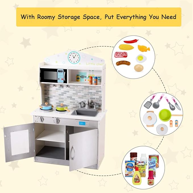 Costzon Kids Kitchen Playset, Wooden Pretend Chef Cooking Toy Kitchen with Realistic Sound, Microwave, Sink, Cookware Accessories, Play Kitchen for Toddlers, Boys, Girls, Gift for Ages 3+