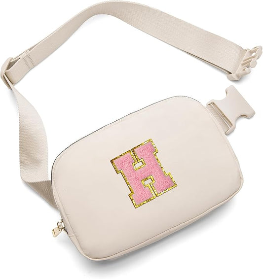 Gitus Belt Bag Fanny Pack Crossbody Bags with Initial Letter Patch Cute Stuff Birthday Gifts for Teenager Girls Trendy Preppy Stuff for Teen Girls(Beige-H)