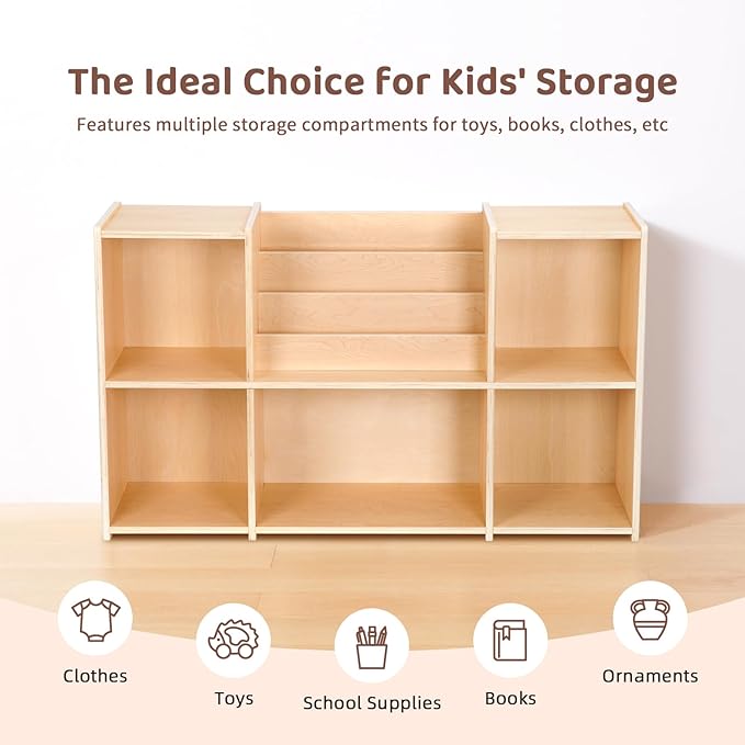 OOOK Montessori Bookshelf and Toy Storage Organizer, 2-Tier Horizontal Bookshelf, 5-Compartment Toy Storage Cabinet with Book Rack, Ideal Choice for Kids Classroom Organizer, Playroom and Daycare