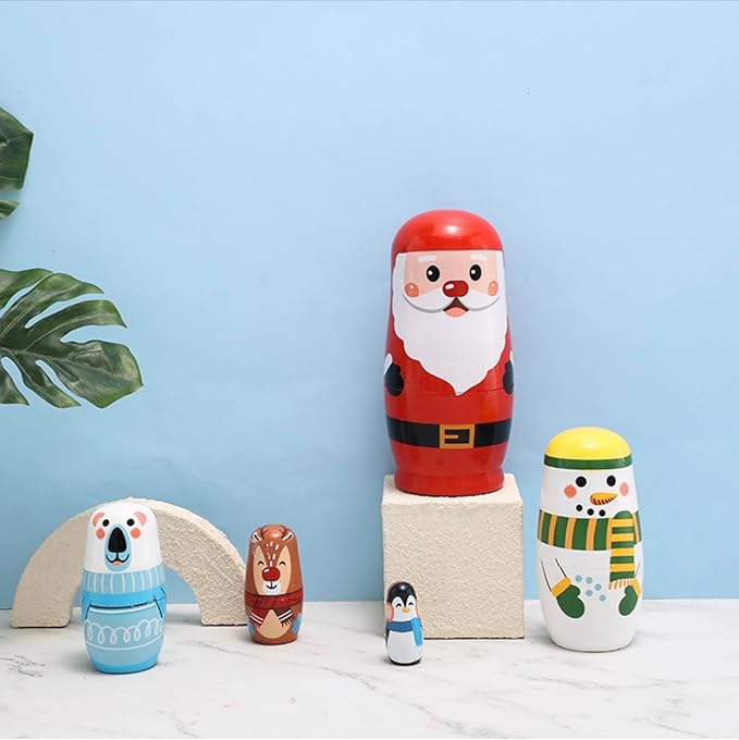 Christmas Cartoon Animals Nesting Dolls Wooden Matryoshka Russian Doll Handmade Stacking Toy Set 5 Pieces for Kids