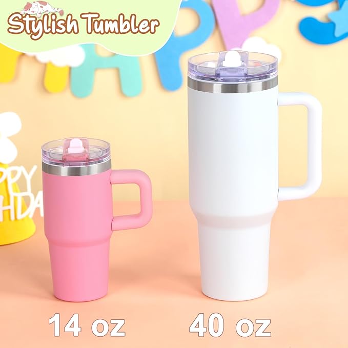 Cosictic 14 Oz Flip Straw Tumbler with Handle for Kids, Stainless Steel Double Wall Insulated Cup for Children with Flip Top Lid, 14 Oz Leak-proof Cups for Kids, Pink