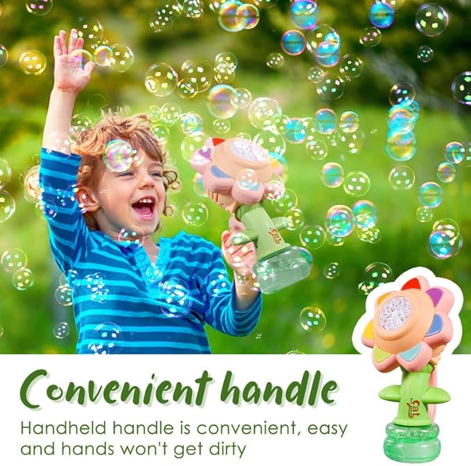 Sunflower Bubble Machine for Kids Automatic Flower Bubble Toy with Colorful Lighting for Toddlers Handheld 20000+Bubbles 3 Modes Fun Swing Dance Bubble Maker Blower Blaster Outdoor Toys Type-C Pink