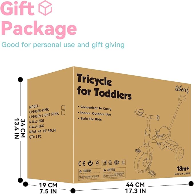 Liberry 2 in 1 Toddler Tricycle Age 2 3 4 Years Old, Kids Trike with Adjustable Push Handle, Bell & Basket, 3 Wheel Bike Riding Toy Birthday for Girls Boys, Light Pink