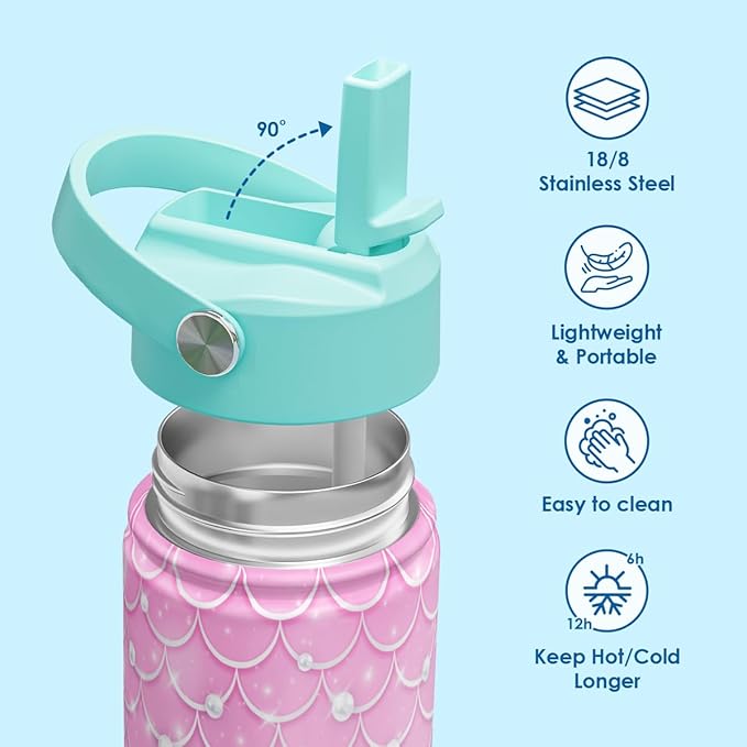 SANDJEST Kids Water Bottle with Straw Lid, Pack of 2 Insulated 12 Oz Stainless Steel Water Bottles for Girls, Travel Cup for School Sports, Mermaid - Strawberry